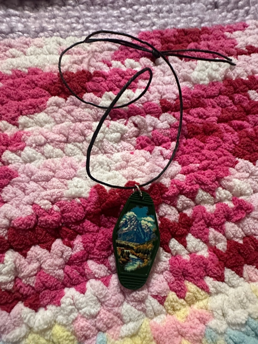 Hand-Painted Green Mountain Landscape Pendant Necklace